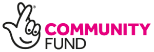 The National Lottery Community Fund logo, featuring the words 'Community Fund' and an image of hand with a stylised, smiling face and crossed first and second fingers.